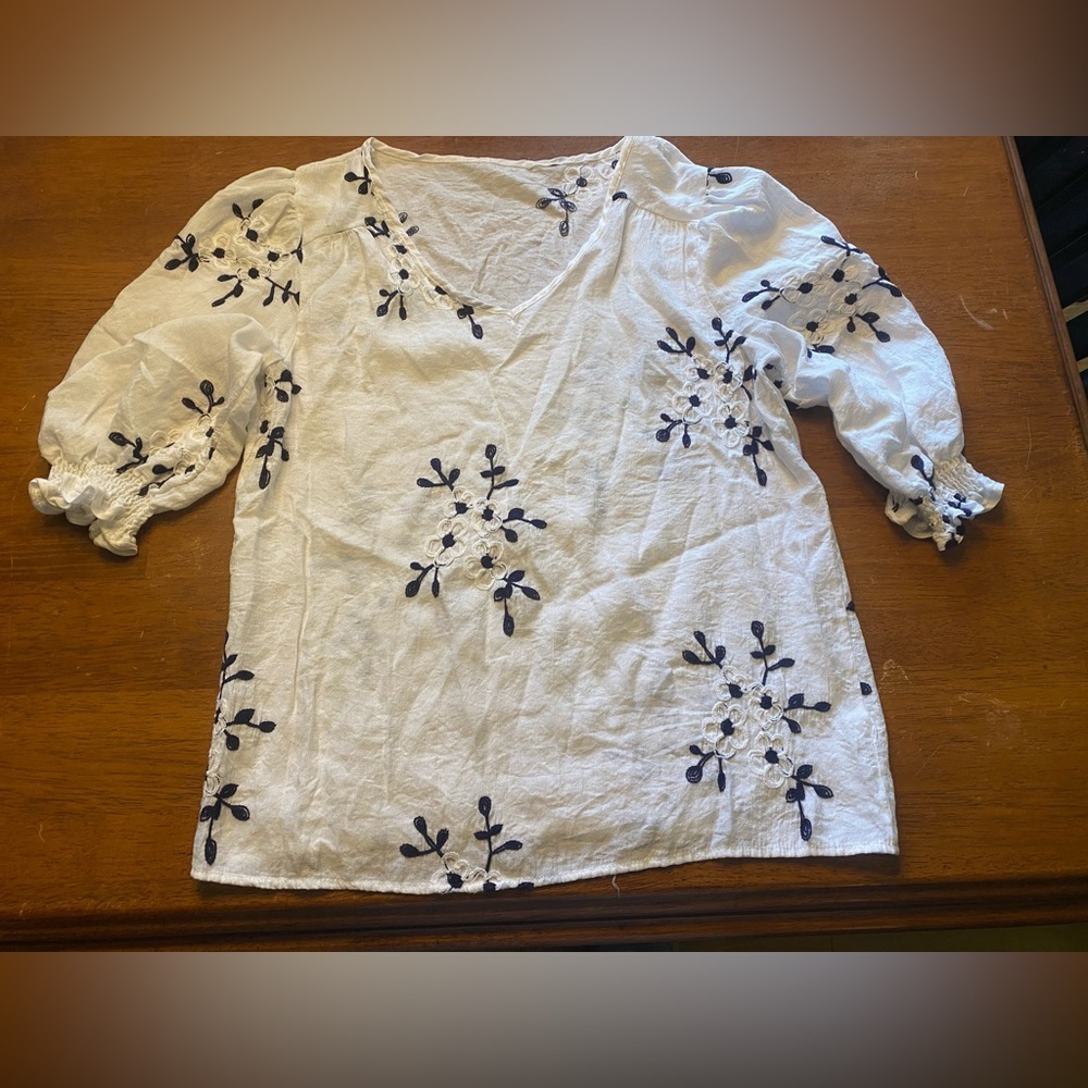 Embroidered White Peasant Top with Navy Floral Accents